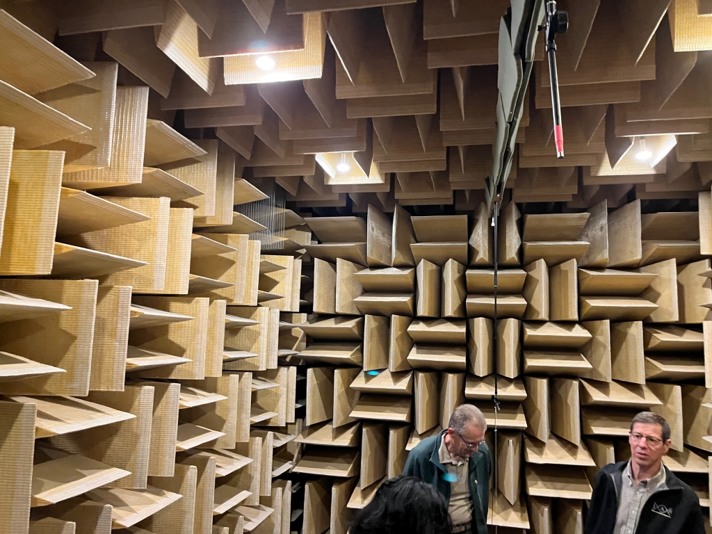 Attendees check out the anechoic chamber used for design validation and prototype testing at Klipsch World Headquarters in Indianapolis